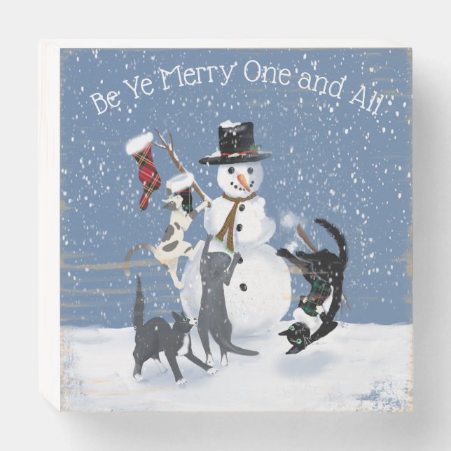 Charming cats and the snowman personalized 3  wooden box sign (Front Horizontal)