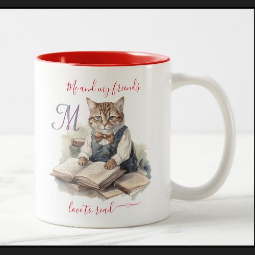 Charming Cats Monogram Friends Love to Read Two_Tone Coffee Mug