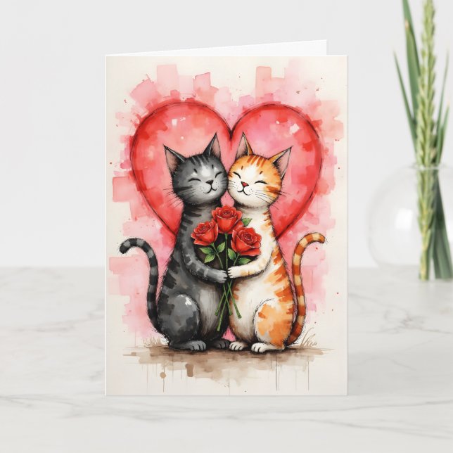 Charming Cats Valentine Hearts and Red Roses Card (Front)