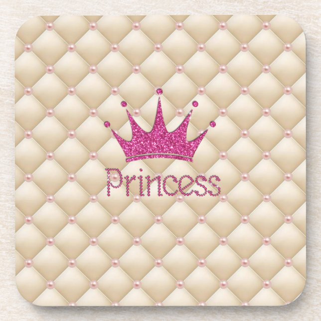 Charming Chic Pearls ,Tiara, Princess,Glittery Beverage Coaster (Front)