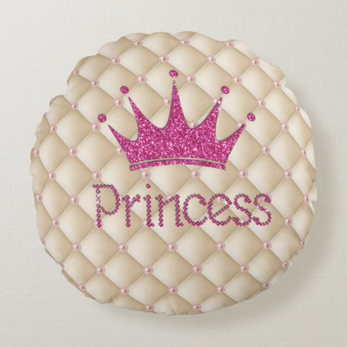 Charming Chic Pearls Tiara PrincessGlittery Round Pillow