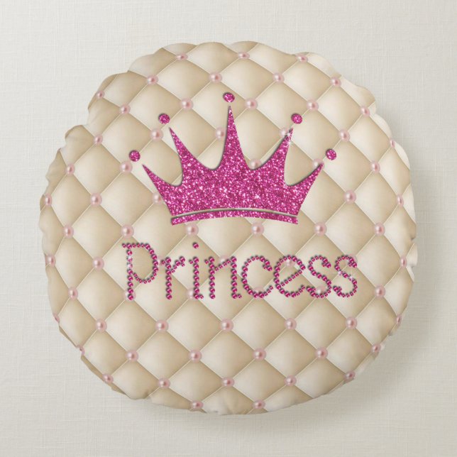 Charming Chic Pearls ,Tiara, Princess,Glittery Round Pillow (Front)