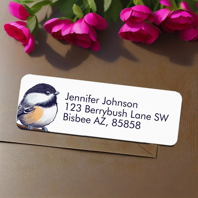 Charming Chickadee Adorable Black White Bird Sweet Label (Cute Chickadee adorable backyard bird return address label natural black & white simple lettering )