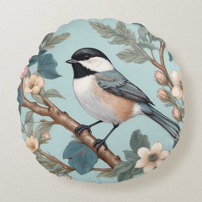 Charming Chickadee Bird Round Pillow (Front)