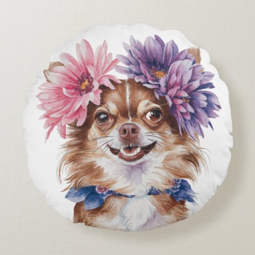 Charming Chihuahua Flower Crown Watercolor Print1 Round Pillow