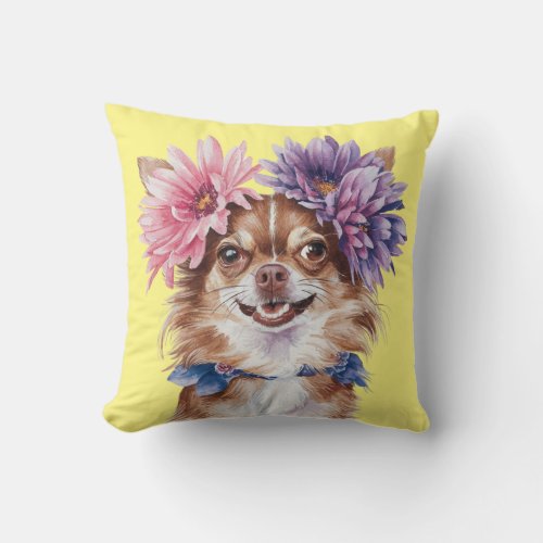 Charming Chihuahua Flower Crown Watercolor Print1 Throw Pillow