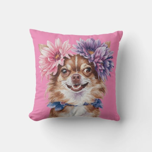 Charming Chihuahua Flower Crown Watercolor Print1 Throw Pillow
