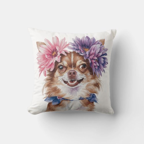 Charming Chihuahua Flower Crown Watercolor Print1 Throw Pillow