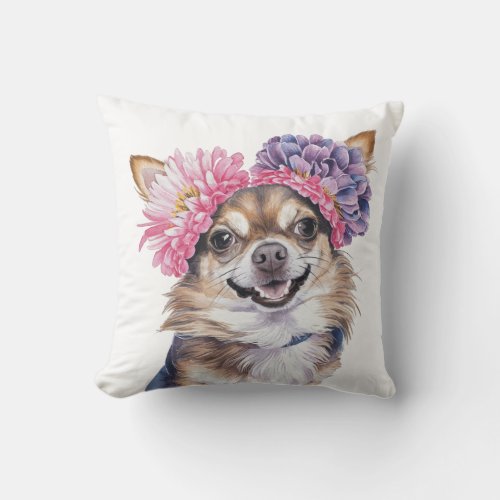 Charming Chihuahua Flower Crown Watercolor Print2 Throw Pillow