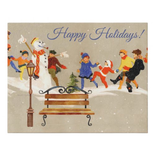 Charming Children Play in Snow Vintage  Faux Canvas Print