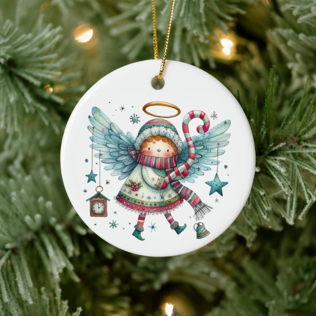 Charming Christmas Angel Modern Folk Art Style Ceramic Ornament (Tree)