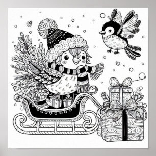 Charming Christmas Bird's Sleigh Ride Coloring Poster