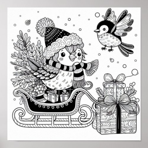 Charming Christmas Birds Sleigh Ride Coloring  Poster