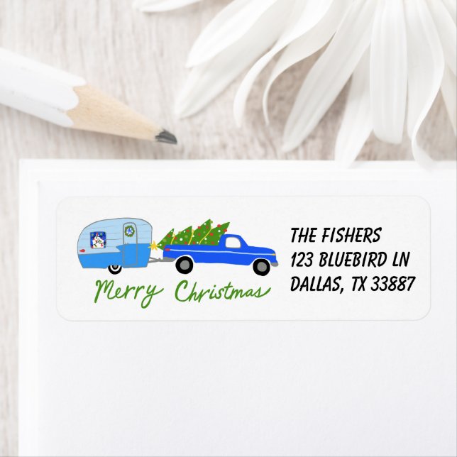 Charming Christmas Camper Vintage Trailer RV Xmas Label (Insitu)