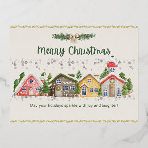 Charming Christmas Card: Cozy Homes and Snowy Wond Foil Holiday Postcard