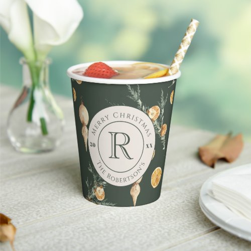 Charming Christmas Forest Green Monogram Paper Cups