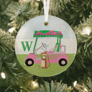 Charming Christmas Golf Cart with Clubs Monogram   Glass Ornament