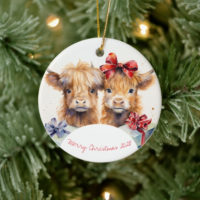 Charming Christmas Highland Cows Ceramic Ornament (Tree)