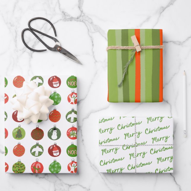 Charming Christmas Ornaments Xmas Stripes Variety Wrapping Paper Sheets (Front)