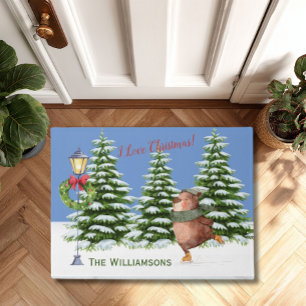 Charming Christmas Scene Snow Family Name Doormat