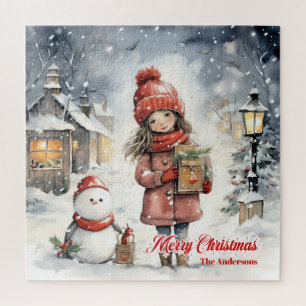 Charming Christmas scene with little girl snowman Jigsaw Puzzle