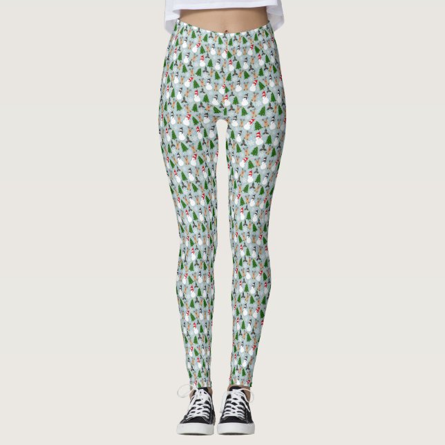 Charming Christmas Snowman and Trees Pattern Leggings (Front)
