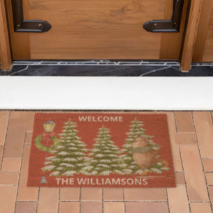 Charming Christmas Tree Scene Skating Bear Coir  Fiber Doormat