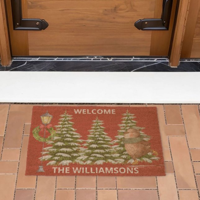 Charming Christmas Tree Scene Skating Bear Coir  Fiber Doormat (Creator Uploaded)