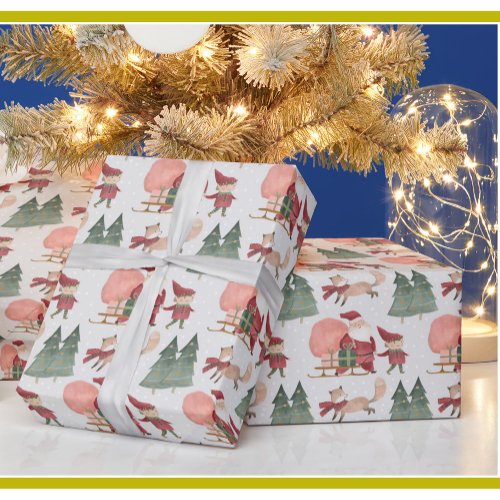 Charming Christmas Trees Santa Elves Snow Wrapping Paper