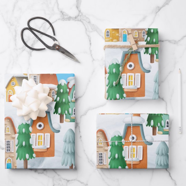 Charming Christmas Village Houses Trees Snow Wrapping Paper Sheets (Front)