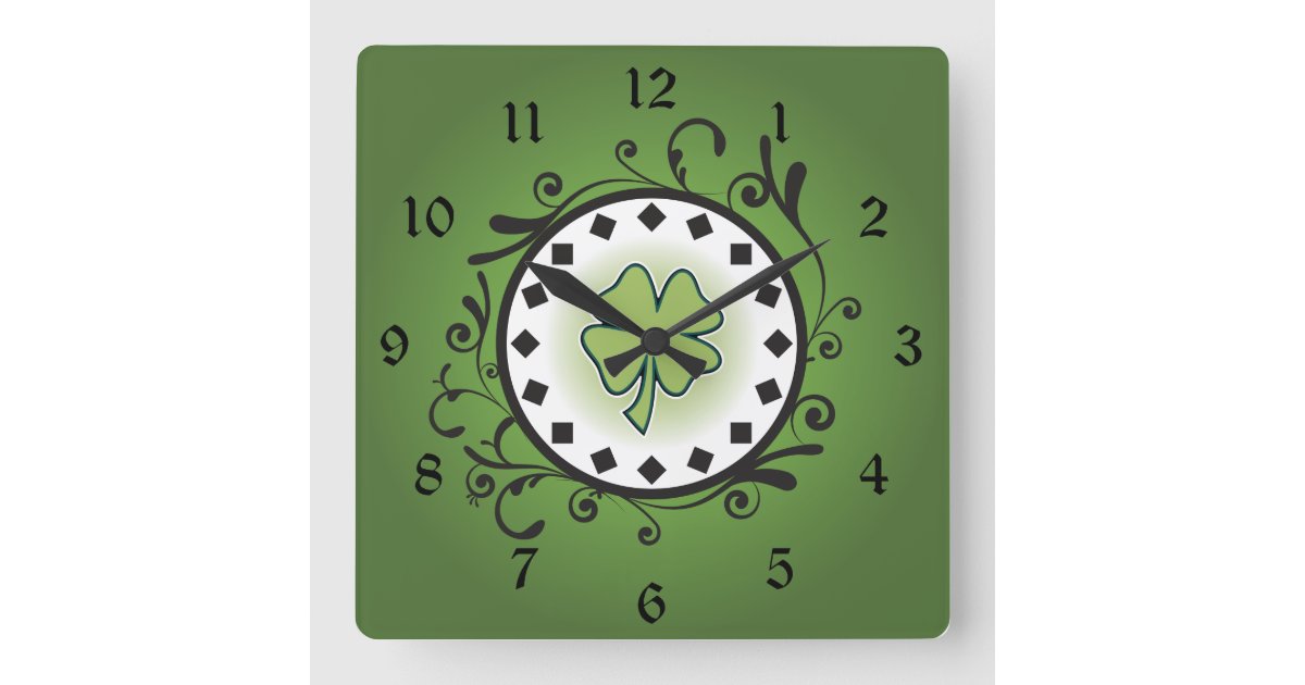 Charming Clover and Vines Green and Black Irish Square Wall Clock | Zazzle