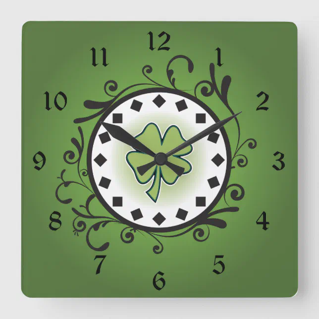 Charming Clover and Vines Green and Black Irish Square Wall Clock | Zazzle