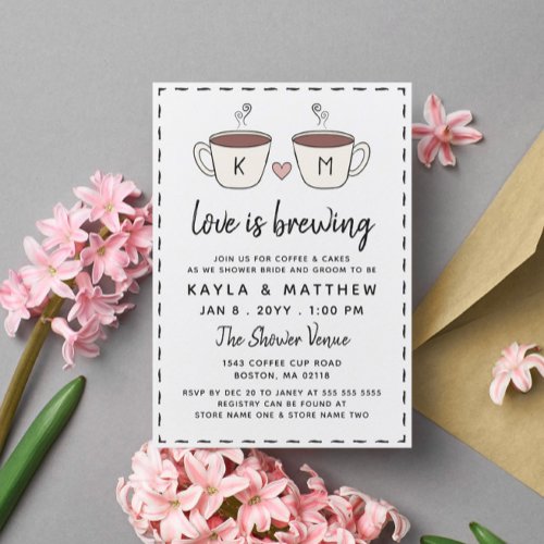 Charming Coffee Cups Love Is Brewing Shower Invitation