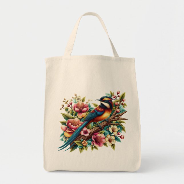 Charming Colorful Bird and Flower Tote Bag (Front)
