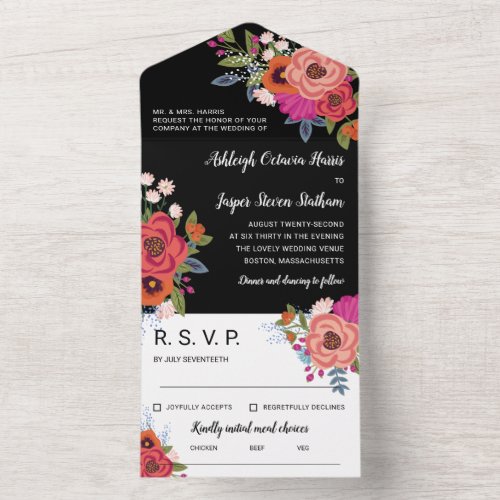 Charming Colorful Boho Flowers Black Wedding All I All In One Invitation