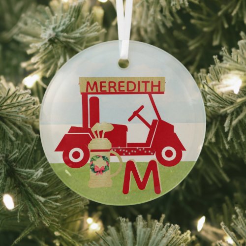 Charming Colorful Cart Red Gold Name Monogram      Glass Ornament