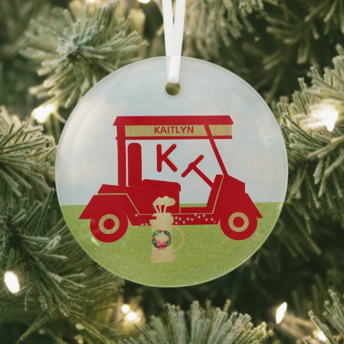 Charming Colorful Cart Red Gold Name Monogram      Glass Ornament