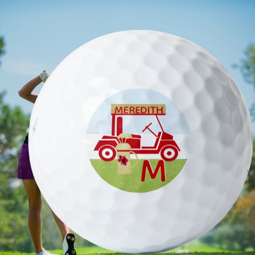 Charming Colorful Cart Red Gold Name Monogram    Golf Balls