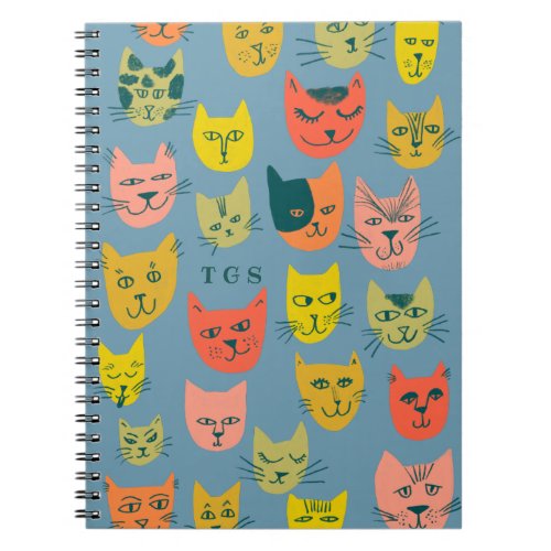 Charming colorful cats blue monogram notebook