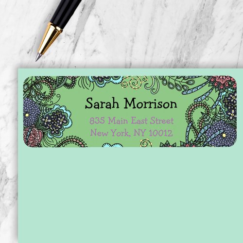 Charming Colorful Doodle Flowers Address Label