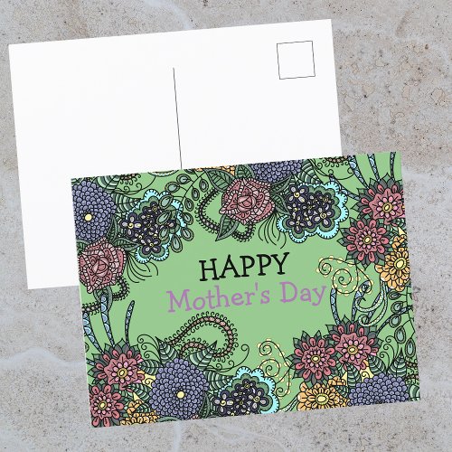 Charming Colorful Doodle Flowers Mothers Day Postcard