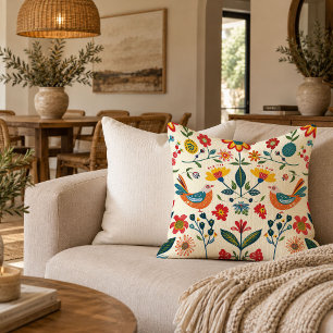 Charming Colorful Floral Folk Throw Pillow Design