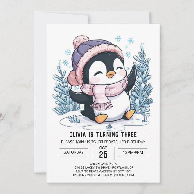 Charming Colorful Penguin Digital Birthday Invitation (Front)