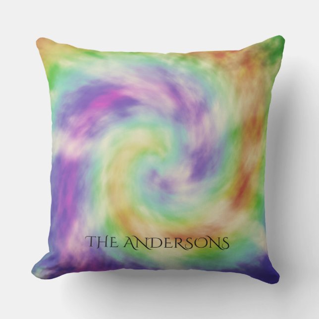 Charming Colorful Spiral Tie Dye Monogram Outdoor Pillow (Front)