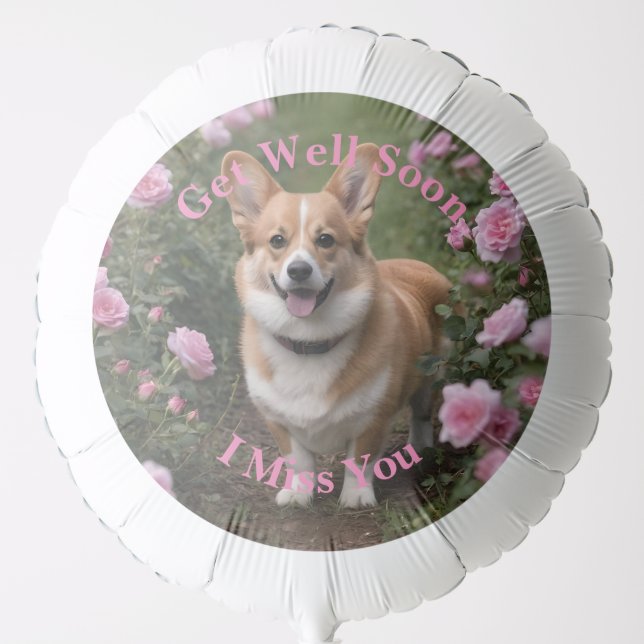 "Charming Companion: A Corgi in a Pink Rose Garden Balloon (Front)