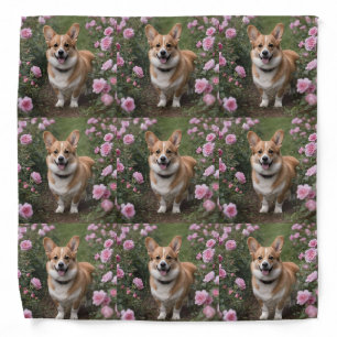 "Charming Companion: A Corgi in a Pink Rose Garden Bandana