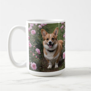 "Charming Companion: A Corgi in a Pink Rose Garden Coffee Mug
