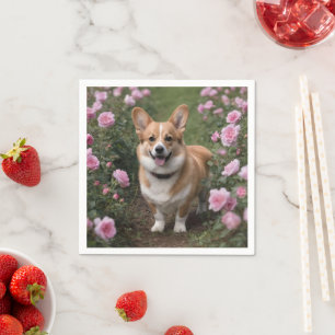 "Charming Companion: A Corgi in a Pink Rose Garden Napkins