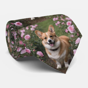 "Charming Companion: A Corgi in a Pink Rose Garden Neck Tie