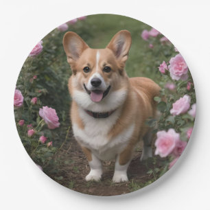 "Charming Companion: A Corgi in a Pink Rose Garden Paper Plates